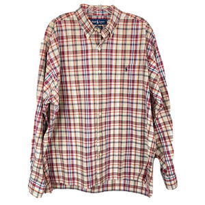 Ralph Lauren Shirt Mens Sz L Beige Navy‎ Plaid Cotton Long Sleeve Greggor Button